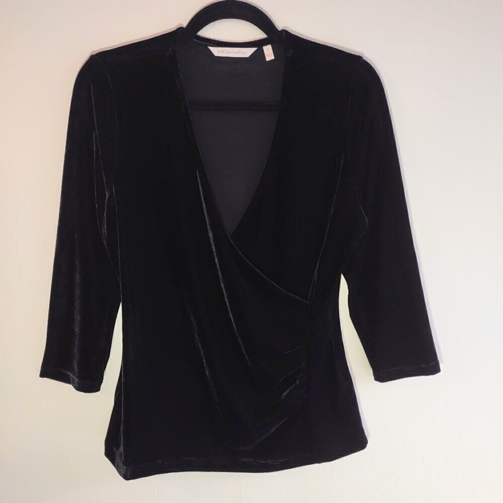 Soft Surroundings Black Velvet Top 3/4 Sleeve Evening Glam Plush  Sz Small